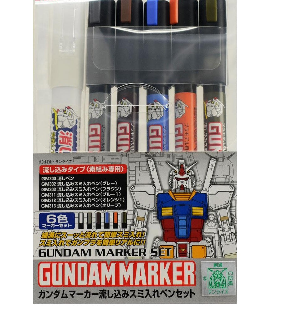 Gundam Marker GMS122 Sumi-ire (Ink Pouring) Type for Panel Lines Set (5 Colours + Eraser Pen)